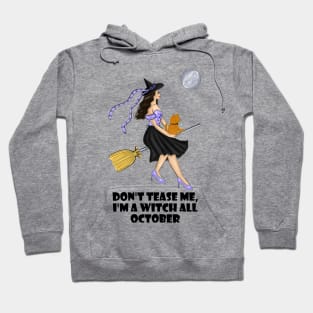 Witch with an Orange Cat On a Broomstick on a Full Moon Hoodie